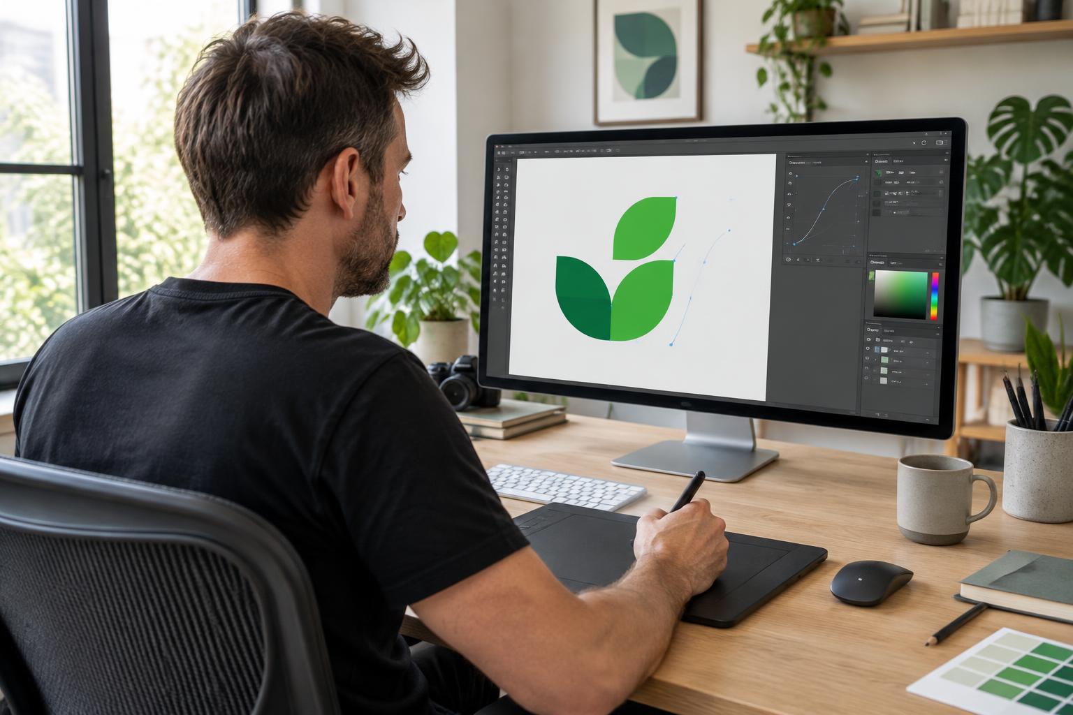A designer carefully redrawing a logo at a studio workstation